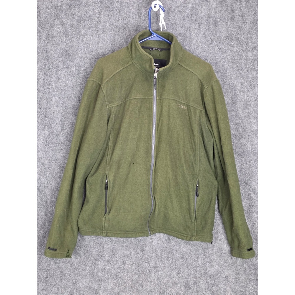 LL Bean Mens Fleece Jacket Full Zip Pockets Olive Green Outdoor Casualwear Large